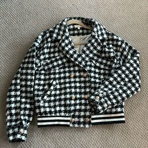 Black and cream MYSTREE Check Tweed Bomber Jacket
